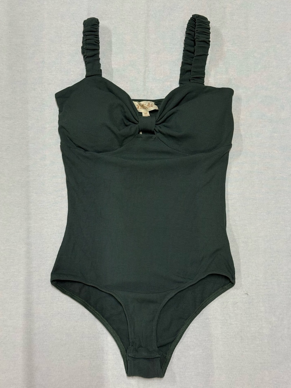 Listicle Dark Green Ribbed Bodysuit with Ruched Straps